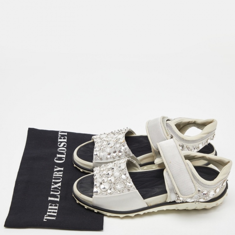 Pre Owned Miu Miu Silver Fabric Crystal Embellished Flat Sandals Size 38