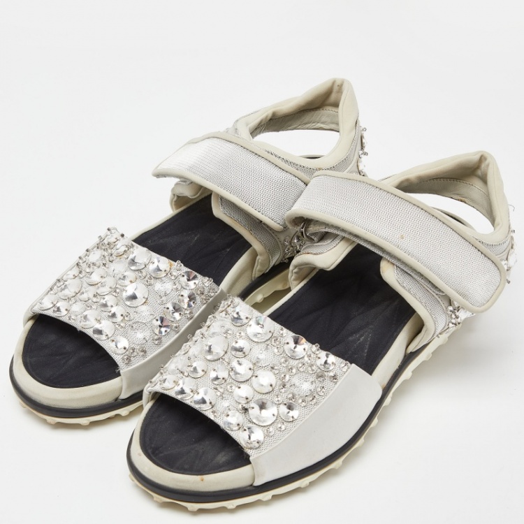Pre Owned Miu Miu Silver Fabric Crystal Embellished Flat Sandals Size 38