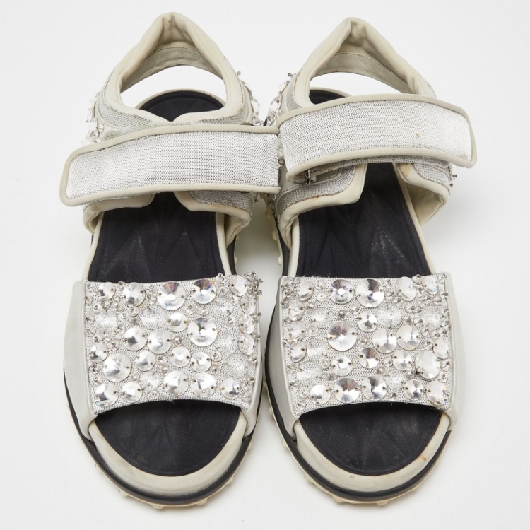 Pre Owned Miu Miu Silver Fabric Crystal Embellished Flat Sandals Size 38
