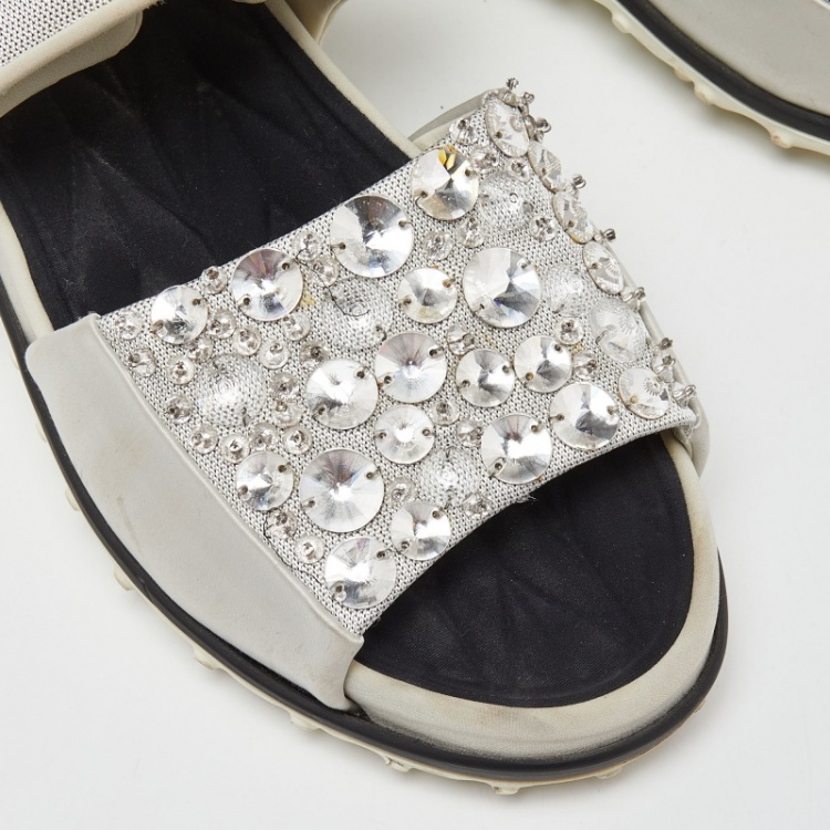 Pre Owned Miu Miu Silver Fabric Crystal Embellished Flat Sandals Size 38