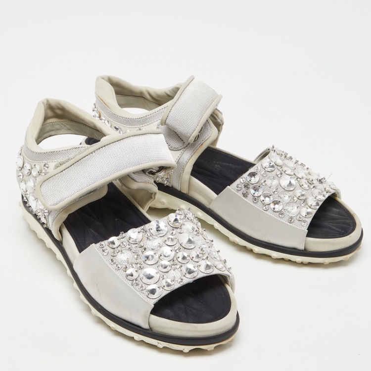 Pre Owned Miu Miu Silver Fabric Crystal Embellished Flat Sandals Size 38