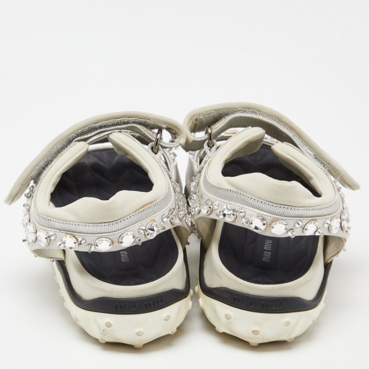 Pre Owned Miu Miu Silver Fabric Crystal Embellished Flat Sandals Size 38