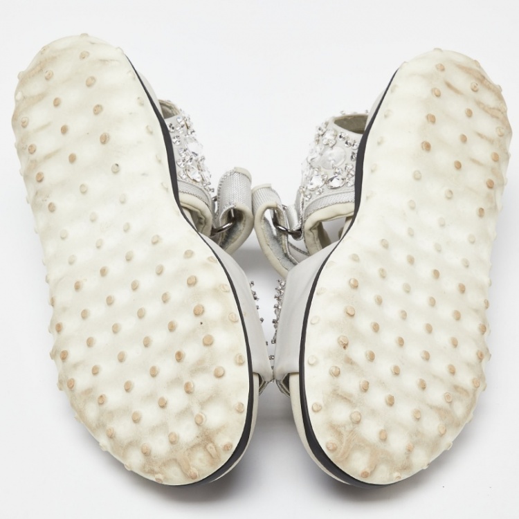Pre Owned Miu Miu Silver Fabric Crystal Embellished Flat Sandals Size 38
