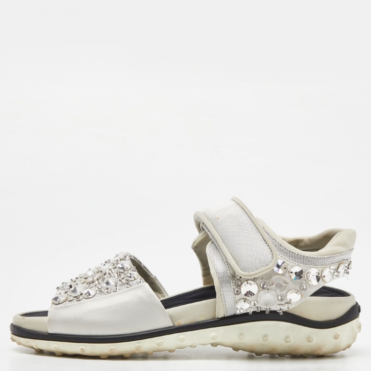 Pre Owned Miu Miu Silver Fabric Crystal Embellished Flat Sandals Size 38
