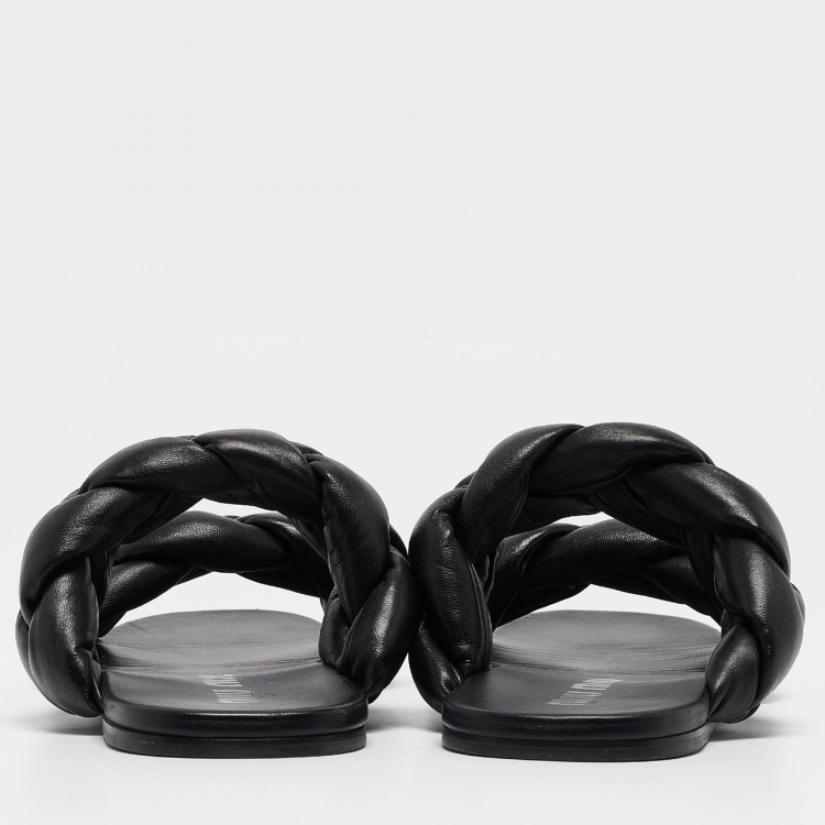Pre Owned Miu Miu Black Woven Leather Flat Slides Size 39.5 