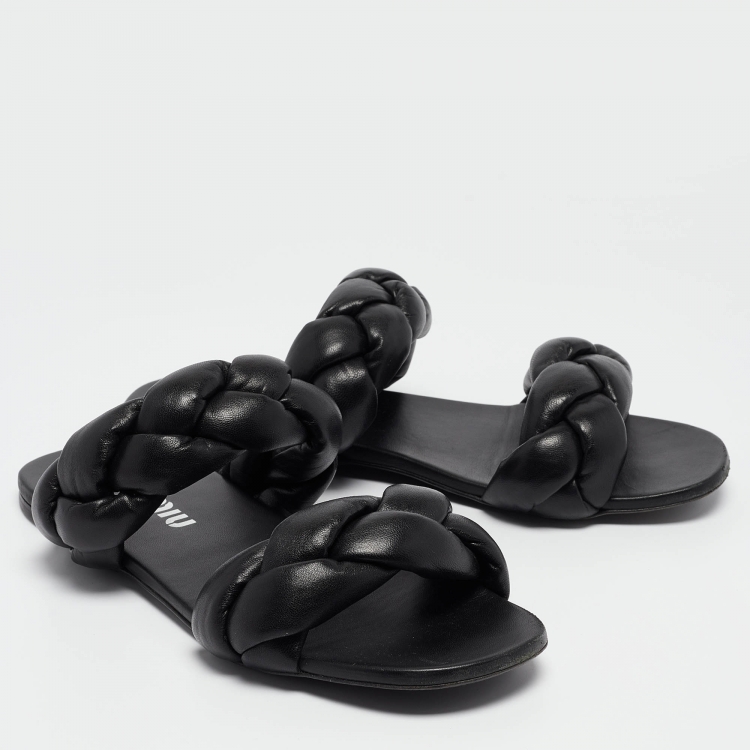 Pre Owned Miu Miu Black Woven Leather Flat Slides Size 39.5 