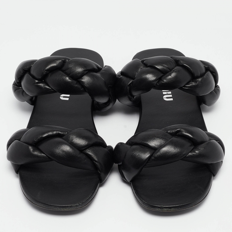 Pre Owned Miu Miu Black Woven Leather Flat Slides Size 39.5 