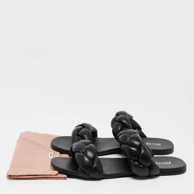 Pre Owned Miu Miu Black Woven Leather Flat Slides Size 39.5 