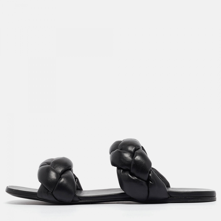 Pre Owned Miu Miu Black Woven Leather Flat Slides Size 39.5 