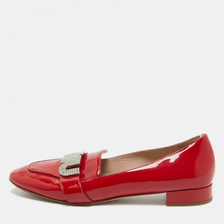Pre Owned Miu Miu Red Patent Leather Crystal Embellished Logo Slip On Loafers Size 37.5