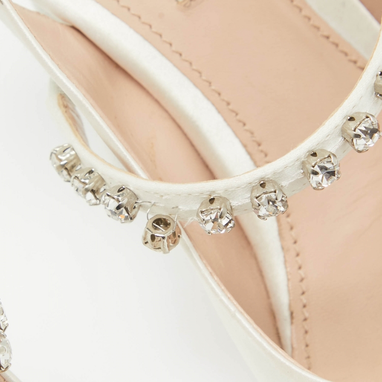 Pre Owned Miu Miu White Satin Crystal Embellished Slingback Pumps Size 38.5