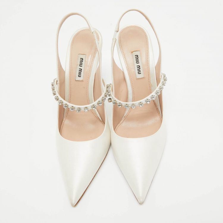 Pre Owned Miu Miu White Satin Crystal Embellished Slingback Pumps Size 38.5