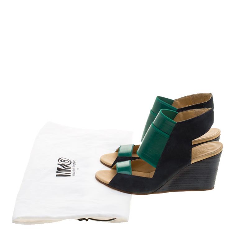 Pre Owned MM6 Maison Margiela Blue/Green Leather and Coated Elastic Fabric Wedge Sandals Size 36
