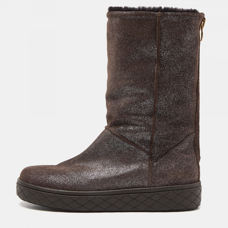 Pre Owned Moncler Brown Glitter Suede Mid Calf Boots Size 39