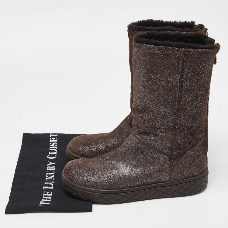 Pre Owned Moncler Brown Glitter Suede Mid Calf Boots Size 39