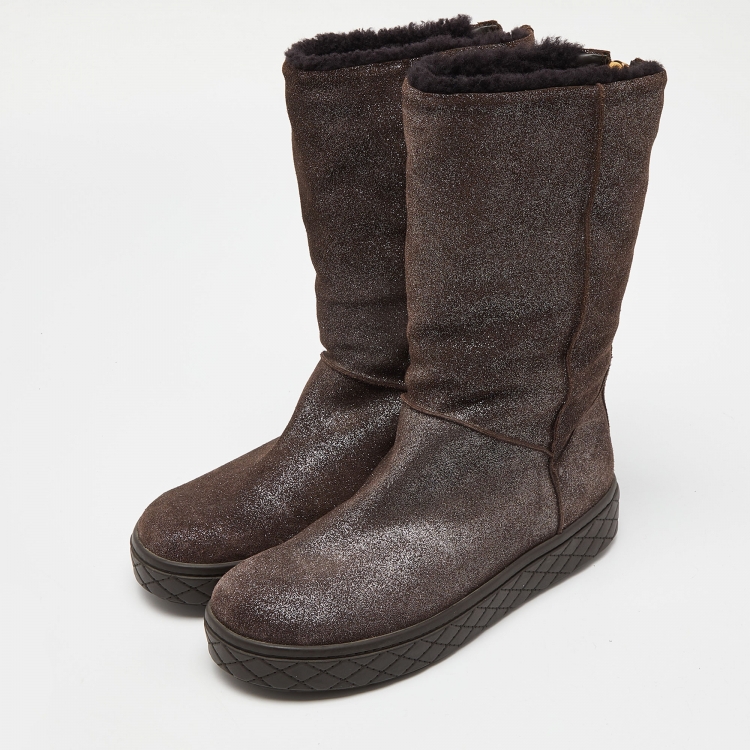 Pre Owned Moncler Brown Glitter Suede Mid Calf Boots Size 39