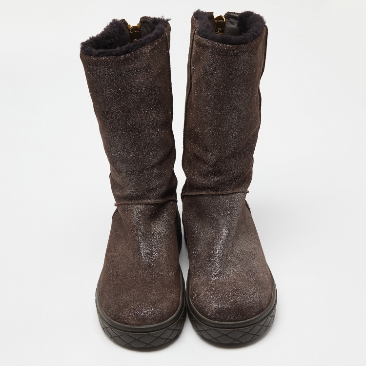 Pre Owned Moncler Brown Glitter Suede Mid Calf Boots Size 39