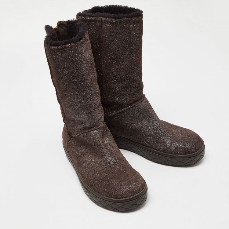 Pre Owned Moncler Brown Glitter Suede Mid Calf Boots Size 39