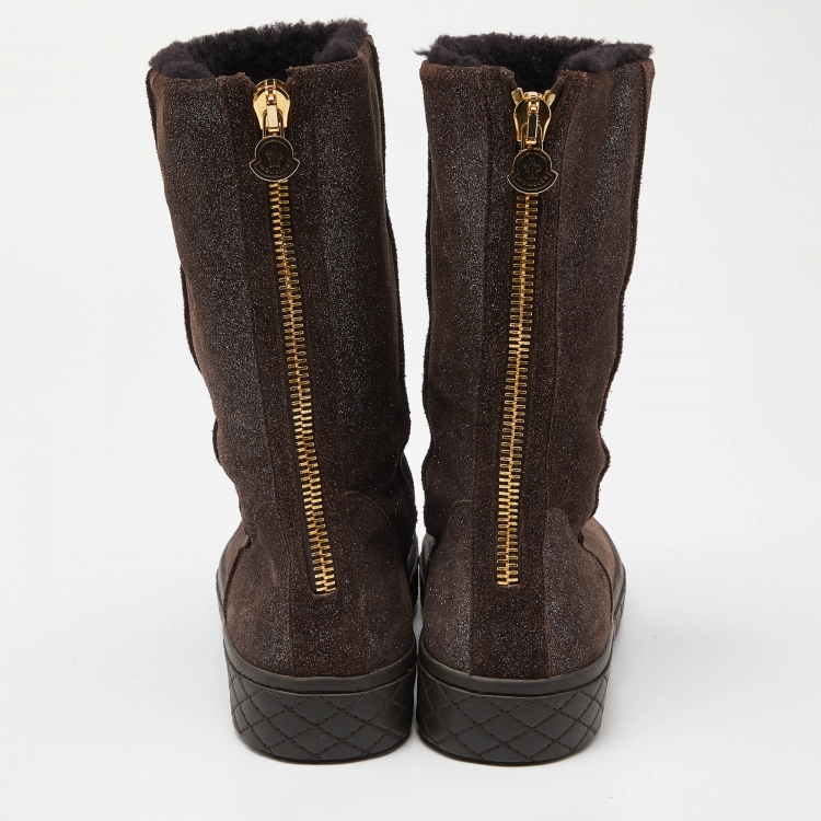 Pre Owned Moncler Brown Glitter Suede Mid Calf Boots Size 39