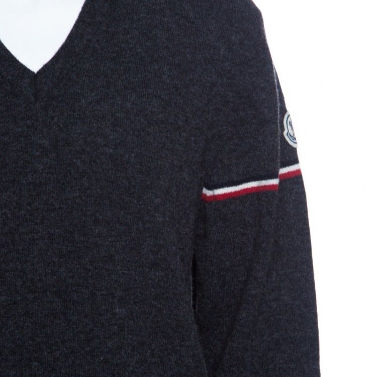 Pre Owned Moncler Grey Wool Stripe Detail Ribbed Trim V-Neck Sweater L