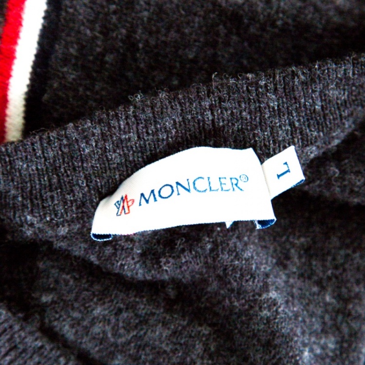 Pre Owned Moncler Grey Wool Stripe Detail Ribbed Trim V-Neck Sweater L