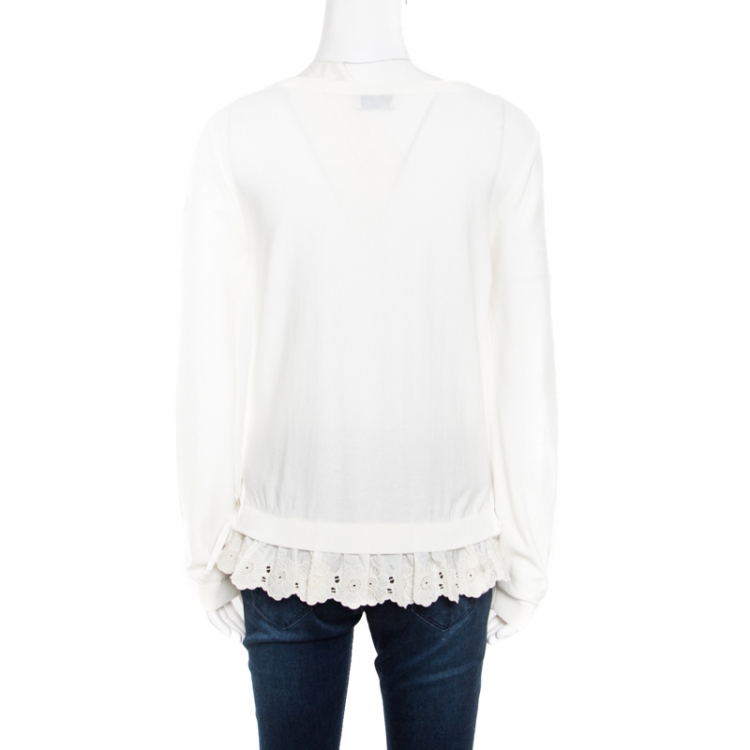 Pre Owned Moncler Off White Cotton Knit Floral Lace Hem Tie Detail Sweater S