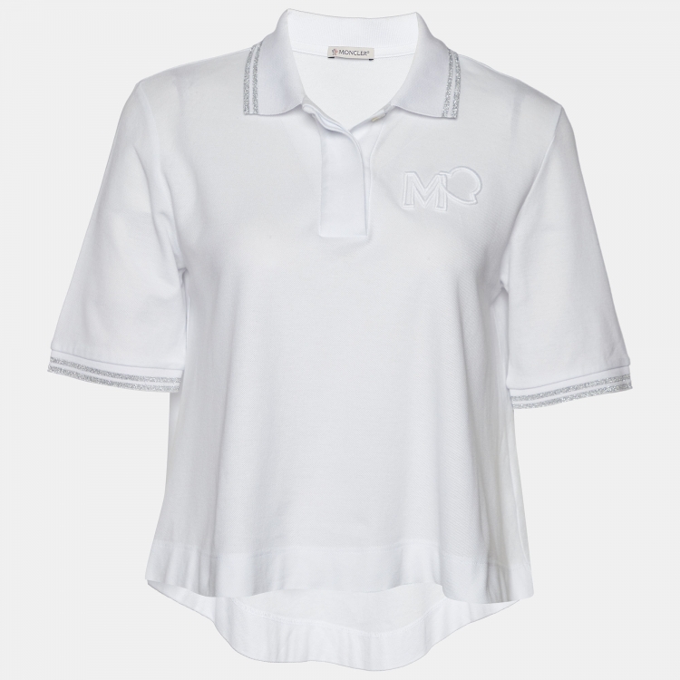 Pre Owned Moncler White Pique Knit Cotton Flared Polo T-Shirt S