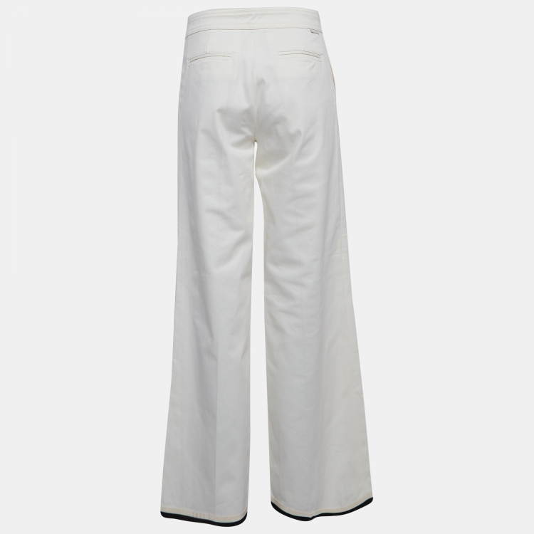 مملوكة مسبقًا Moncler White Contrast Hem Trim Cotton Wide Leg Trousers M