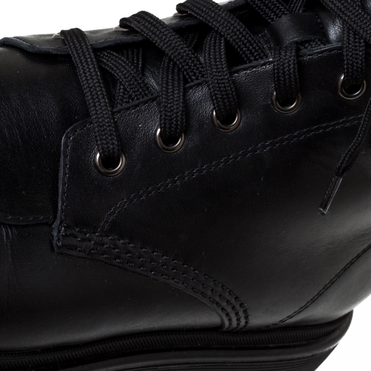 Pre Owned Moncler Black Leather And Wool Combat Boots Size 40