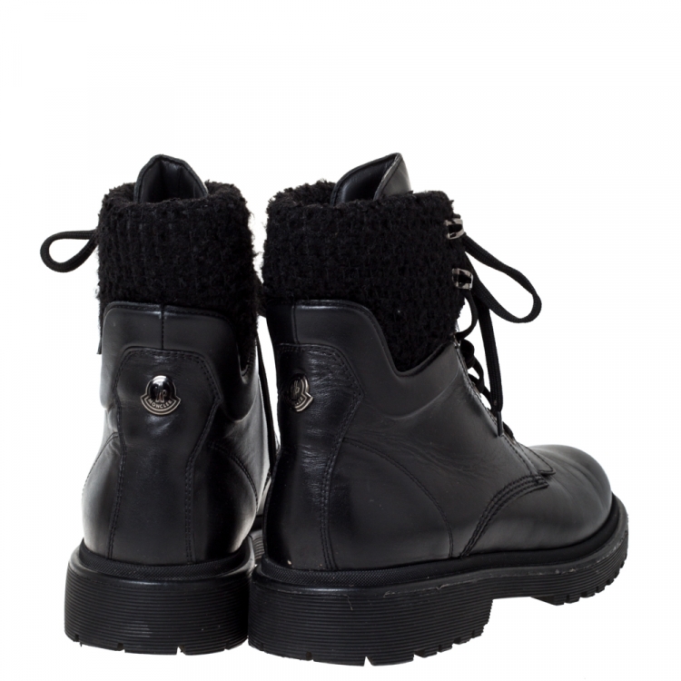 Pre Owned Moncler Black Leather And Wool Combat Boots Size 40