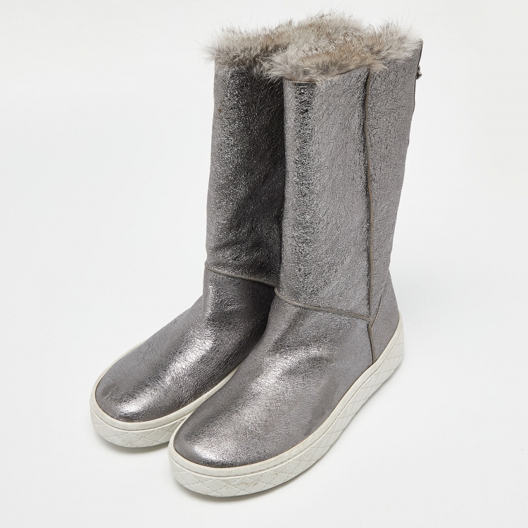 Pre Owned Moncler Grey Foil Leather and Fur Mid Calf Boots Size 39