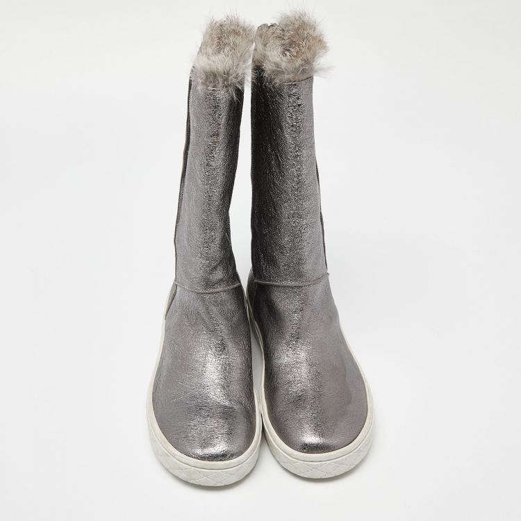 Pre Owned Moncler Grey Foil Leather and Fur Mid Calf Boots Size 39