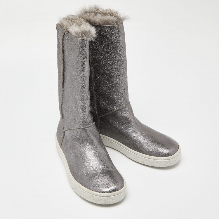 Pre Owned Moncler Grey Foil Leather and Fur Mid Calf Boots Size 39