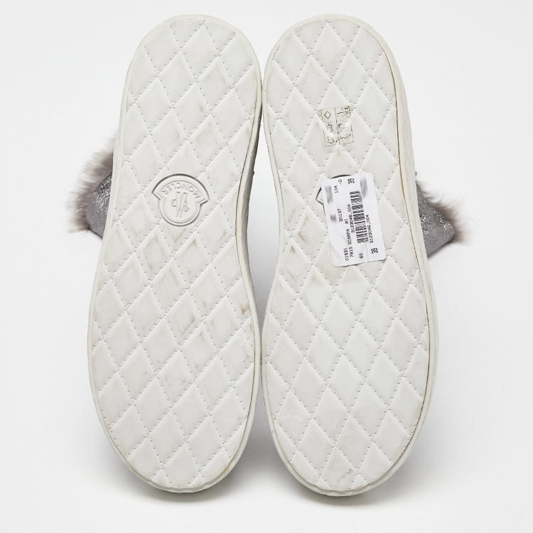 Pre Owned Moncler Grey Foil Leather and Fur Mid Calf Boots Size 39