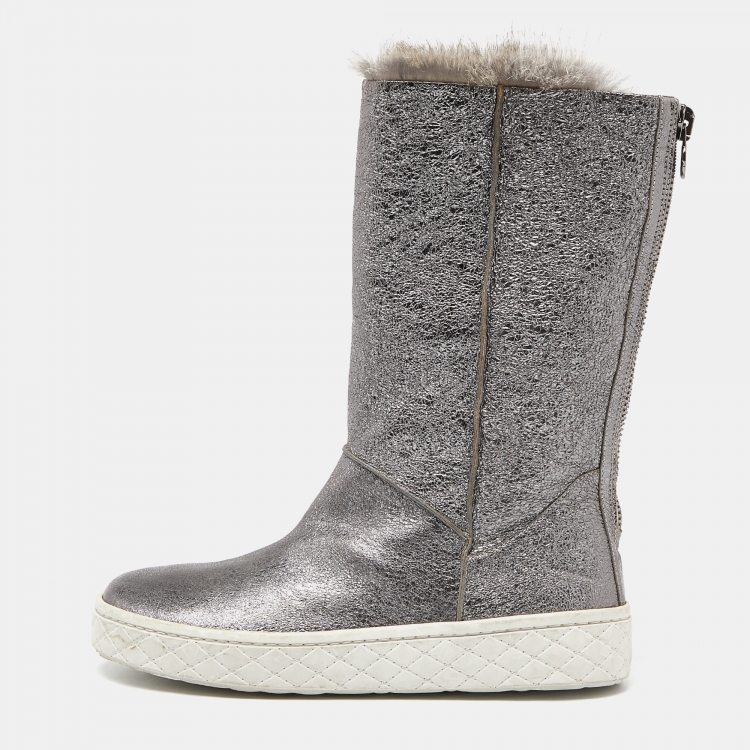 Pre Owned Moncler Grey Foil Leather and Fur Mid Calf Boots Size 39