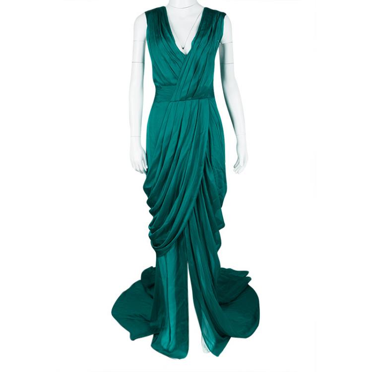 Pre Owned Monique Lhuillier FW'15 Emerald Silk Satin Draped Gown XL