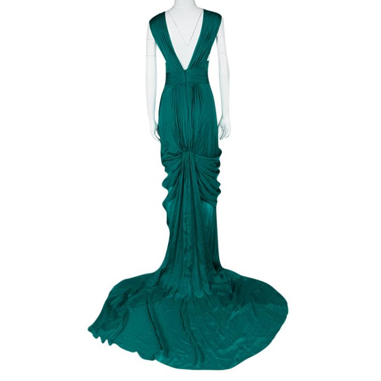 Pre Owned Monique Lhuillier FW'15 Emerald Silk Satin Draped Gown XL