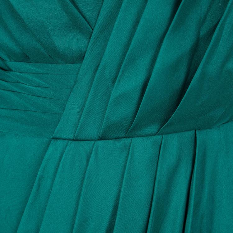 Pre Owned Monique Lhuillier FW'15 Emerald Silk Satin Draped Gown XL
