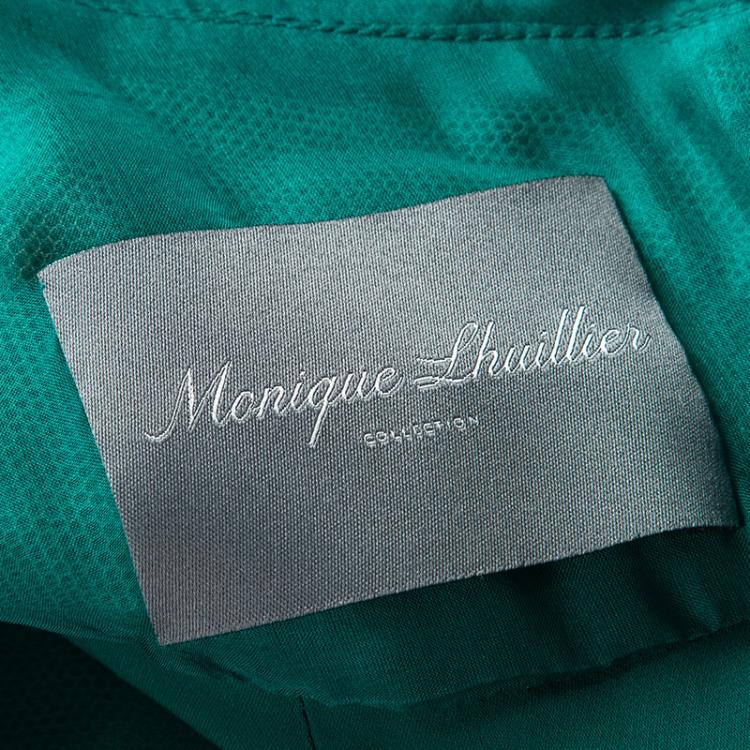 Pre Owned Monique Lhuillier FW'15 Emerald Silk Satin Draped Gown XL