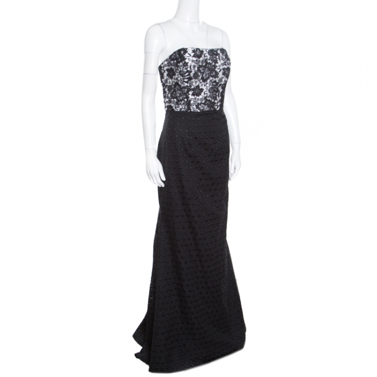 Pre Owned Monique Lhuillier Monochrome Floral Lace Bodice Detail Flared Strapless Gown L