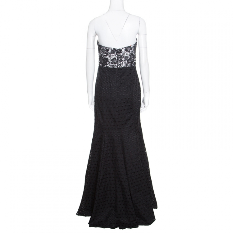 Pre Owned Monique Lhuillier Monochrome Floral Lace Bodice Detail Flared Strapless Gown L
