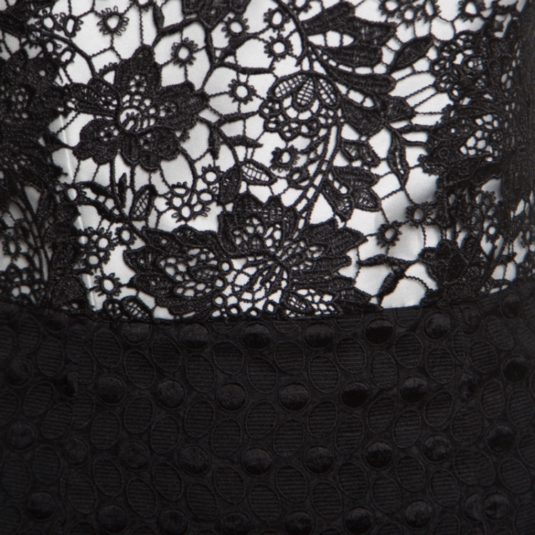 Pre Owned Monique Lhuillier Monochrome Floral Lace Bodice Detail Flared Strapless Gown L