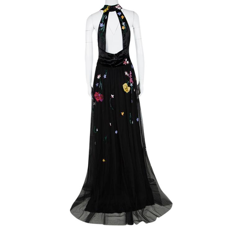 Pre Owned Monique Lhuillier Black Velvet Floral Applique Embroidered Embellished Tulle Gown XL