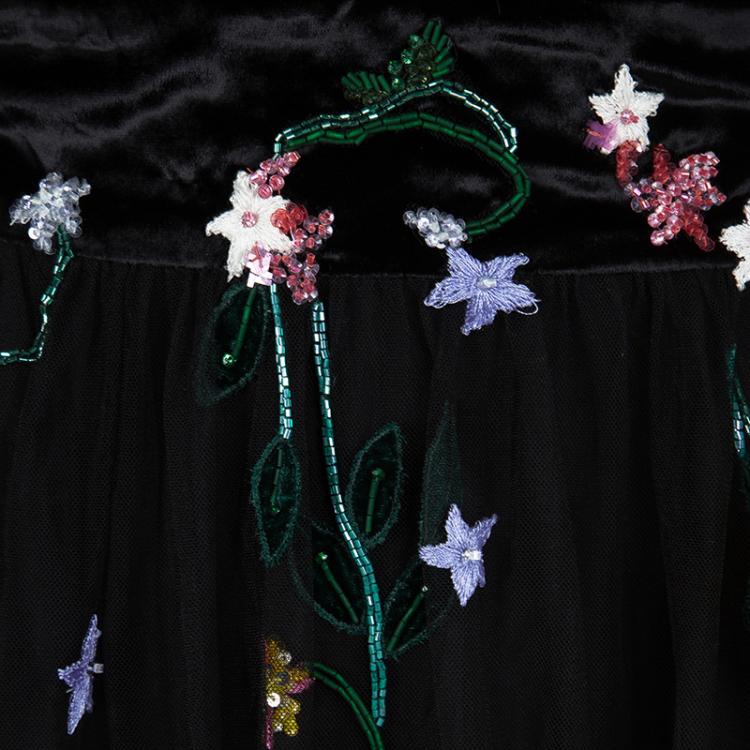 Pre Owned Monique Lhuillier Black Velvet Floral Applique Embroidered Embellished Tulle Gown XL