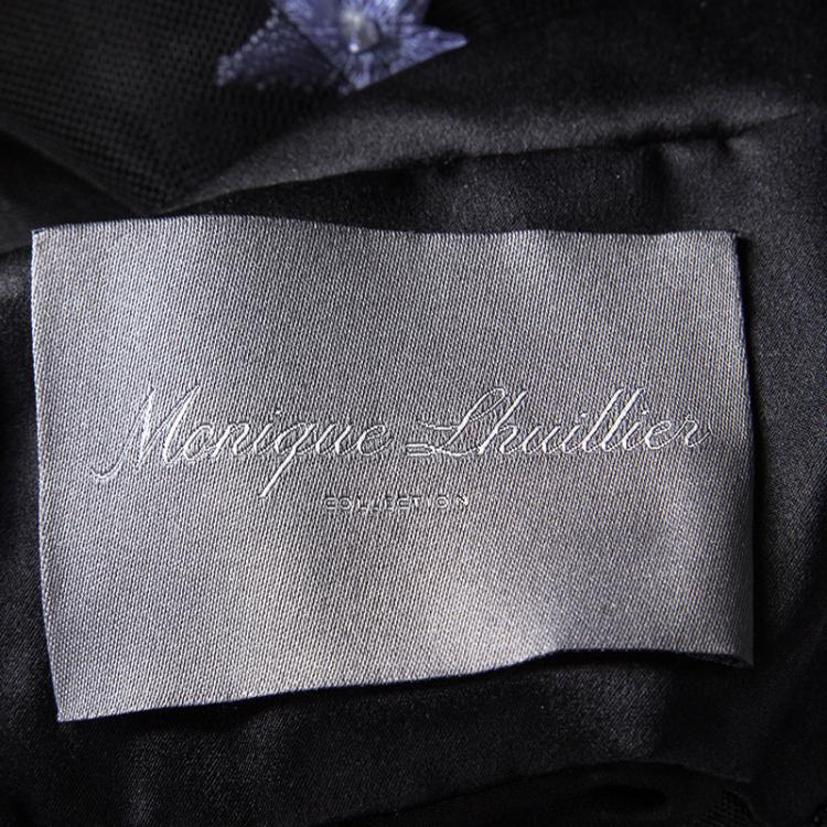 Pre Owned Monique Lhuillier Black Velvet Floral Applique Embroidered Embellished Tulle Gown XL