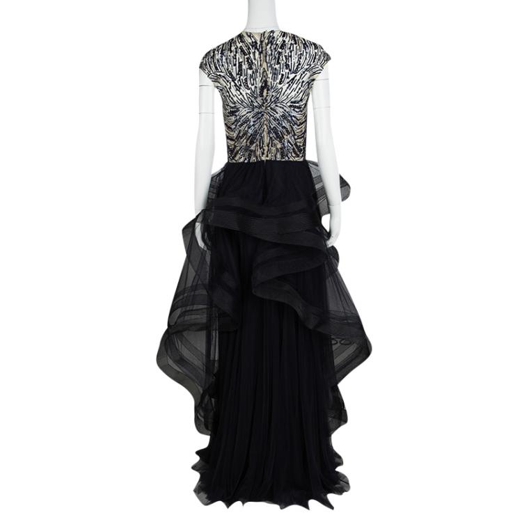 Pre Owned Monique Lhuillier Collection Navy Feather and Sequin Embellished Layered Tulle Gown M