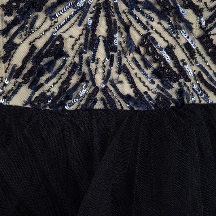 Pre Owned Monique Lhuillier Collection Navy Feather and Sequin Embellished Layered Tulle Gown M