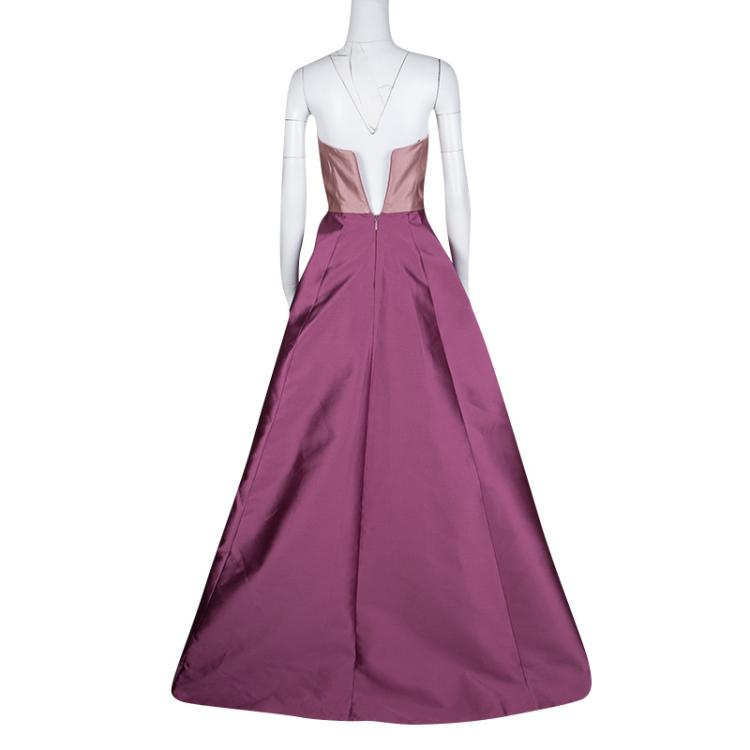 Pre Owned Monique Lhuillier Colorblock  Strapless Silk Gown S