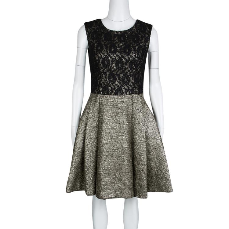 Pre Owned ML By Monique Lhuillier Metallic Lace Detail Sleeveless Fit and Flare Dress S