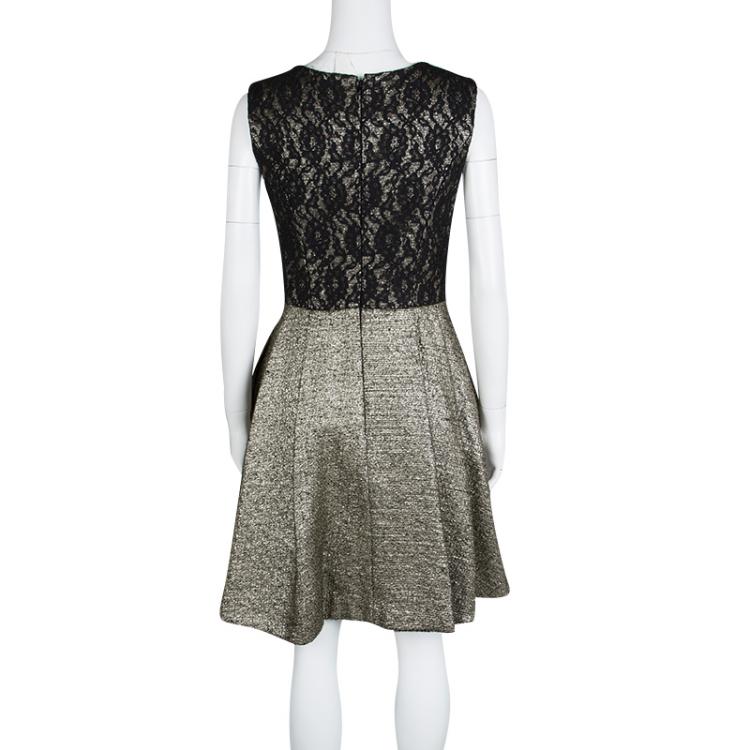 Pre Owned ML By Monique Lhuillier Metallic Lace Detail Sleeveless Fit and Flare Dress S